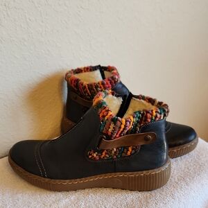 Rieker Navy Ankle Boots with Multicolor Knit Cuff and Brown Sole